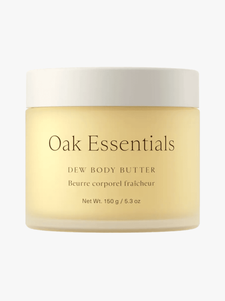 Oak Essentials Dew Body Butter in branded tub component on a light gray background