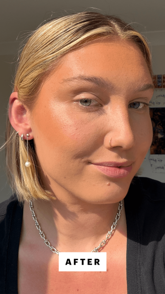 Gunderman after applying the Smashbox x Becca Shimmering Skin Perfector Pressed Highlighter