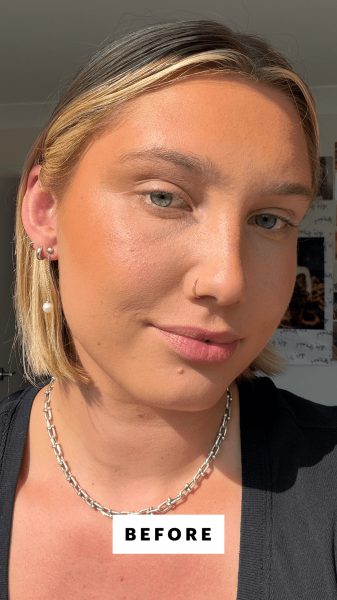 Gunderman before applying the Smashbox x Becca Shimmering Skin Perfector Pressed Highlighter