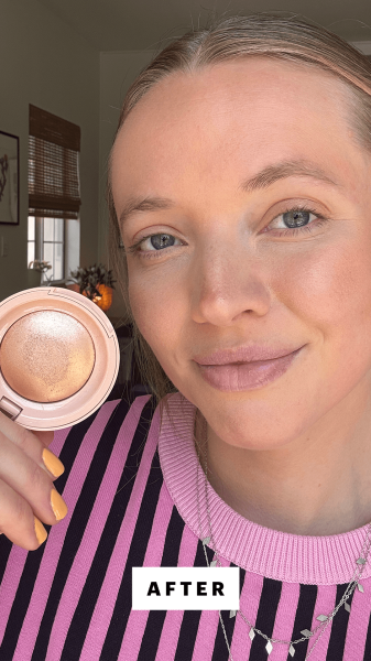 Fowler after applying Rare Beauty Positive Light Silky Touch Highlighter in Flaunt